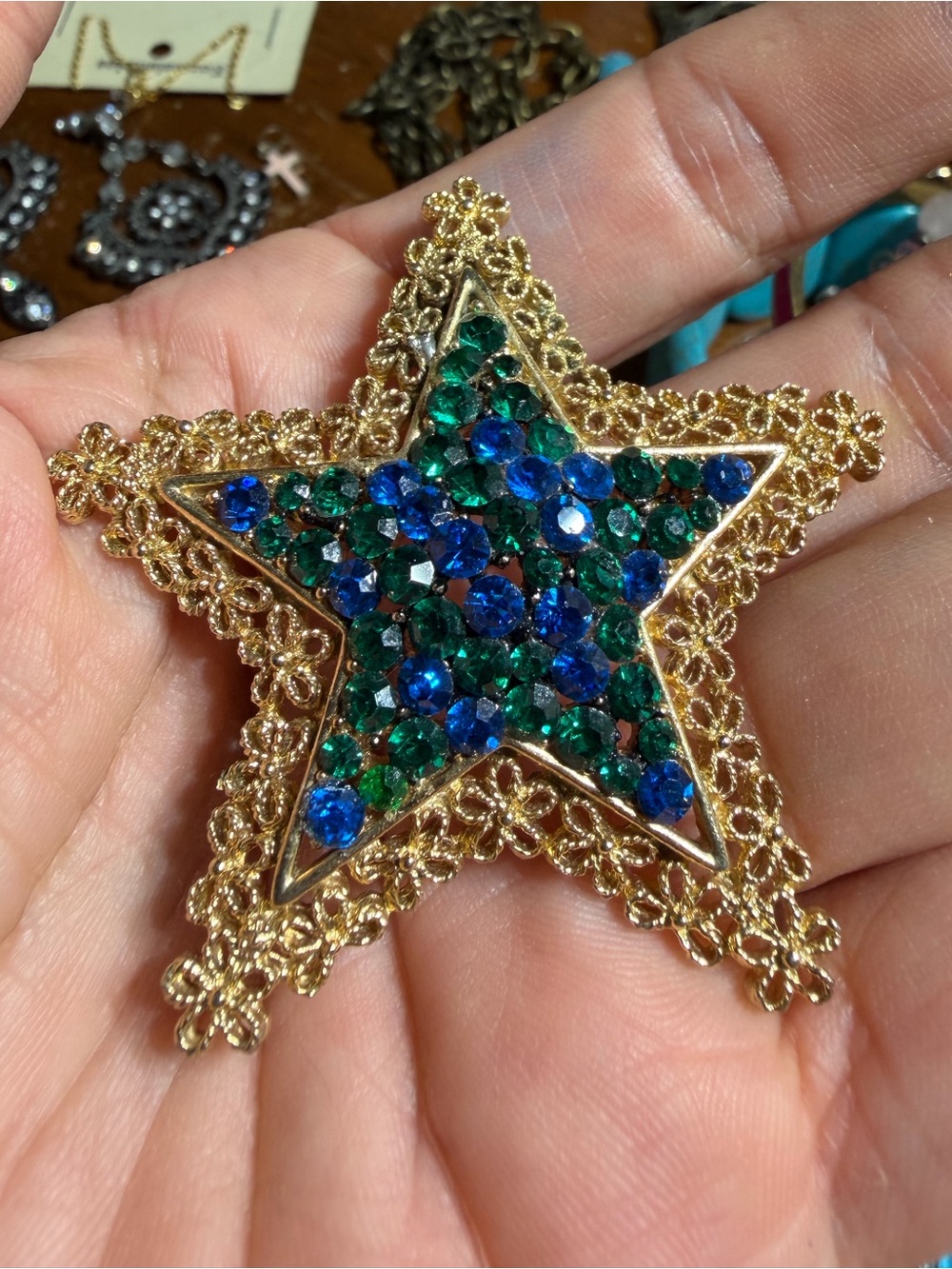 Vintage Karu Arke Gold Tone Blue Green Rhinestone Star Brooch
